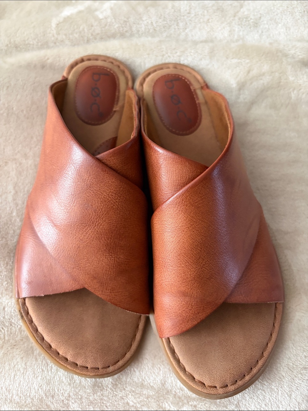 b.o.c. Women's Cognac Leather Crossover Slide Mules